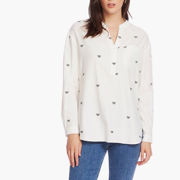 NWT Court & Row Bow Embroidered Long Sleeve Henley Top White Navy Size Large - Picture 9 of 10